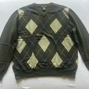 Banana Republic Green & Gray 100% Merino Wool V-Neck Arglye Sweater Size Large
